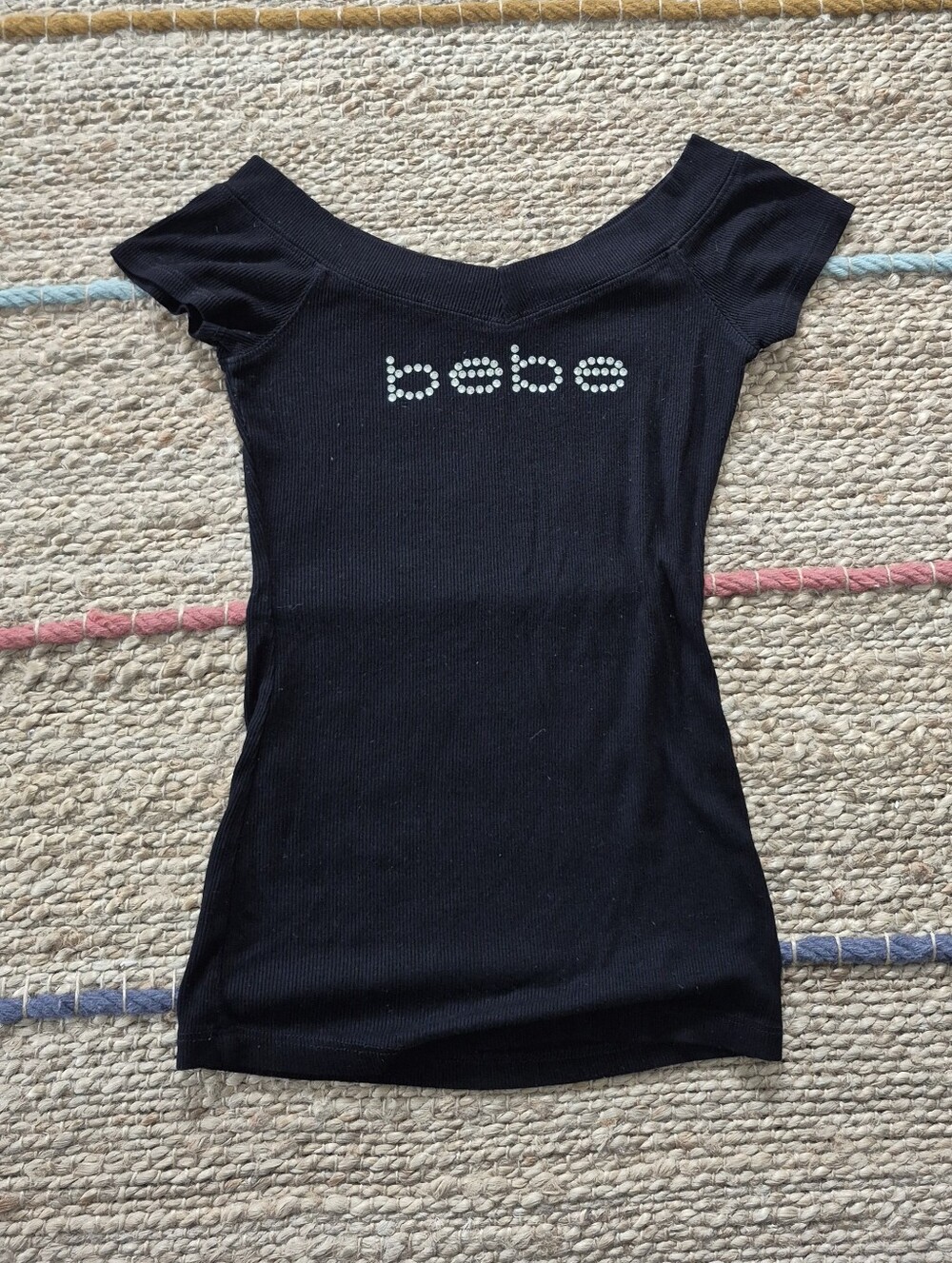 bebe Black Off-Shoulder Logo Slim Fit Top